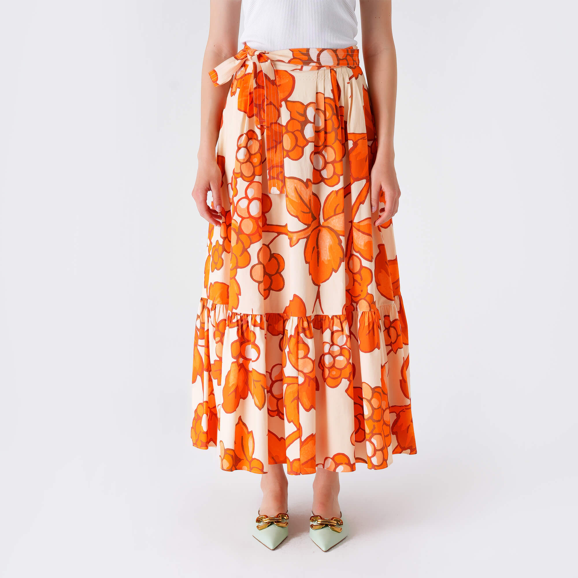 Etro - Orange&Beige Flower Cotton Midi Skirt